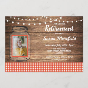 Ruhestand Party Rustic Jar Wood Red Gingham Foto Einladung