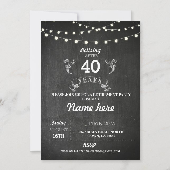 Ruhestand Party Rustic Remüde Chalkboard Einladung (Vorderseite)