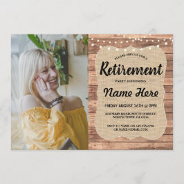 Ruhestand Party Rustic Remüde Wood Burlap Foto Einladung