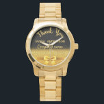 Ruhestand schwarzes Gold Vielen Dank an das Untern Armbanduhr<br><div class="desc">Elegant,  klassisch,  glamourös und feminin. Ein Geschenk für eine weibliche Mitarbeiterin im Ruhestand. Ein Imitat mit goldfarbenem Bogen und Band mit goldenem Glitzer und Funkeln,  ein bisschen Bling und Luxus. Schwarzer Hintergrund. Mit dem Text: Vielen Dank,  Vorlagen für einen Namen und Firmennamen.</div>
