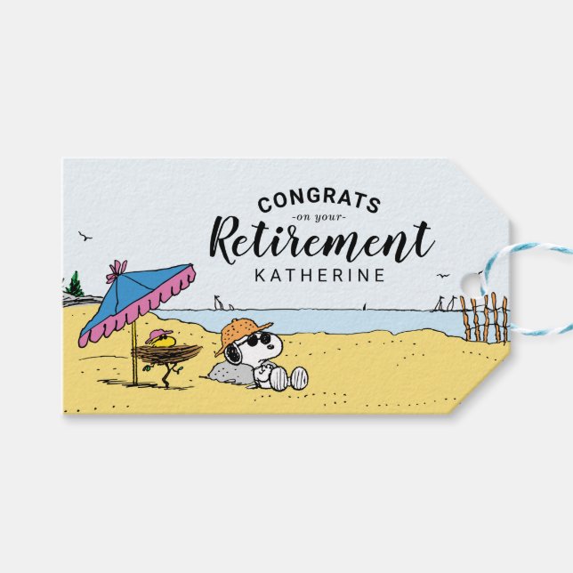 Ruhestand | Snoopy & Woodstock am Strand Geschenkanhänger (Vorderseite (Horizontal))