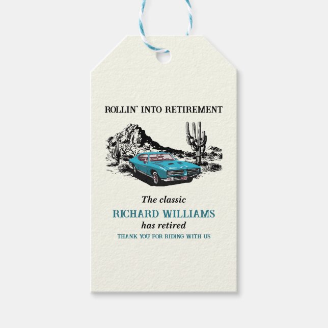 Ruhestand Vintage Car Wüste Party Geschenkanhänger (Vorderseite)