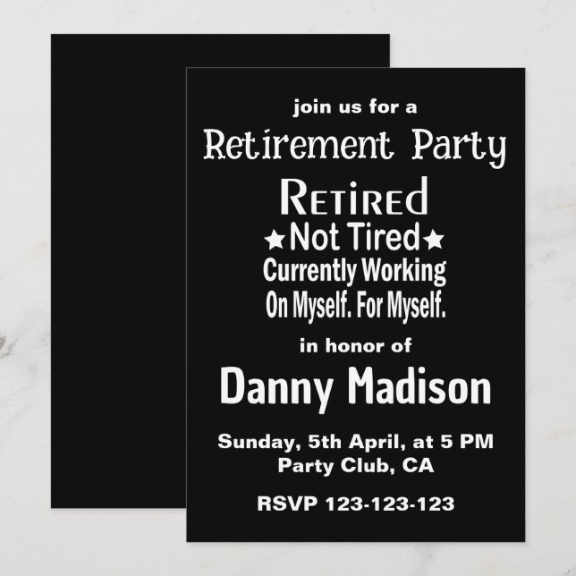 Ruheständliches, nicht müde Party Einladung (Vorne/Hinten)
