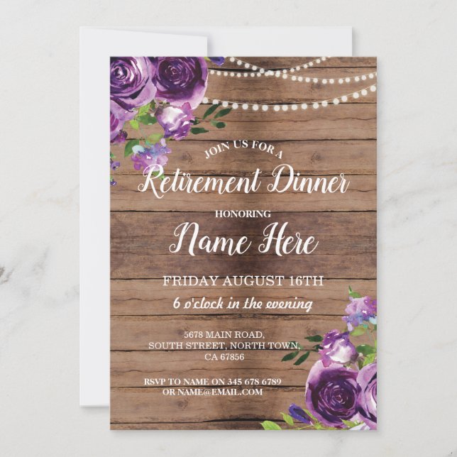 Ruhestands-Party ziehen sich lila hölzerne Blumen Einladung (Vorderseite)