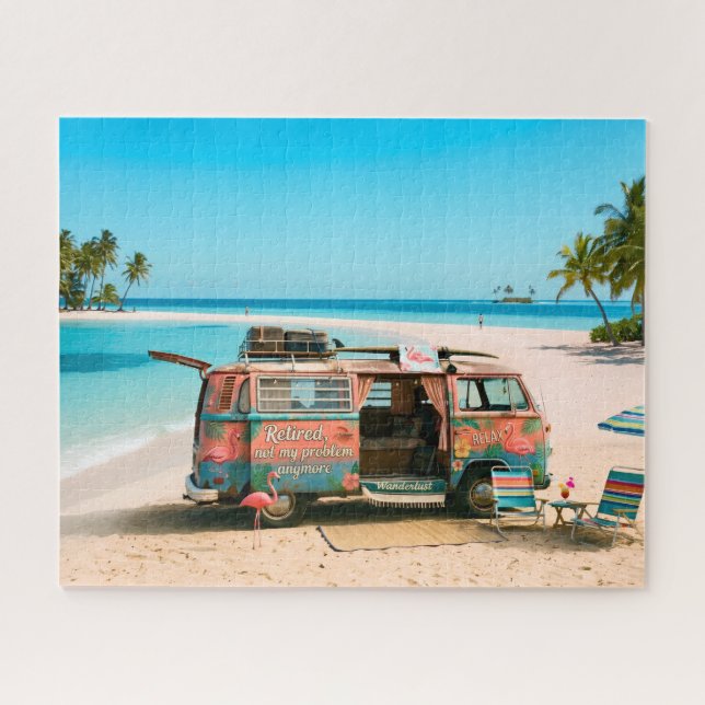 Ruhestands-Themen-Van am tropischen Strand Puzzle (Horizontal)