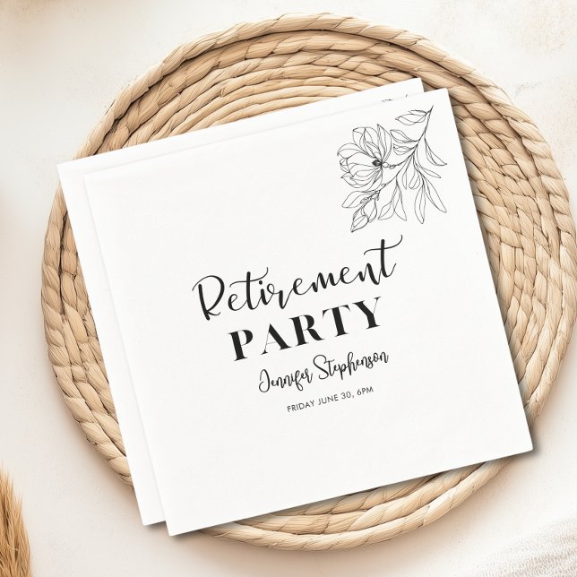 Ruhestandsfeier Elegant Schwarz-Weiß-Blumenmuster Serviette (Elegant Black And White Floral Retirement Party Napkins)