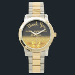 Ruhestandsleiter schwarzes Gold vielen Dank Armbanduhr<br><div class="desc">Elegant,  klassisch,  glamourös und feminin. Ein Geschenk für einen pensionierten Manager. Ein Imitat goldfarbener Bogen. Schwarzer Hintergrund. Mit dem Text: Vielen Dank,  Vorlagen für einen Namen und Beruf,  Beruf.</div>