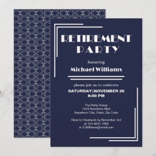 Ruhestandsparty Art Deco Retro Blau Weiß Einladung
