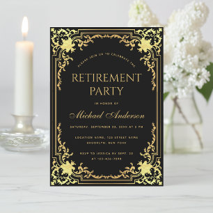 Ruhestandsparty Schwarz Elegant Faux-Gold Vintage Einladung