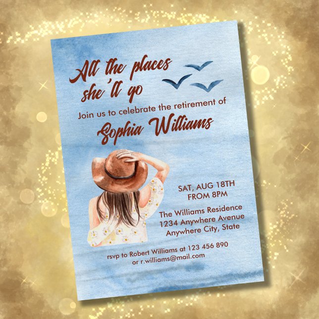 Ruhestandsreise an allen Orten Frau Aquarell Einladung (Von Creator hochgeladen)