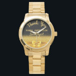 Ruhestandssoziologe schwarzes Gold vielen Dank Armbanduhr<br><div class="desc">Elegant,  klassisch,  glamourös und feminin. Ein Geschenk für einen pensionierten Soziologen. Ein Imitat mit goldfarbenem Bogen und Band mit goldenem Glitzer und Funkeln,  ein bisschen Bling und Luxus. Schwarzer Hintergrund. Mit dem Text: Vielen Dank,  Vorlagen für einen Namen und Beruf,  Beruf.</div>