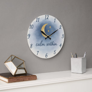 Ruhig innen – Wasserfarbe Mond & Sterne Serenity U Große Wanduhr