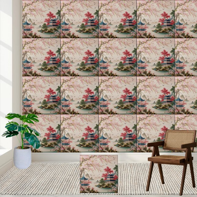 Ruhige, asiatische Blossom & Pagoda Chinoiserie Ti Fliese (Tranquil Asian Blossom & Pagoda Chinoiserie Tile)