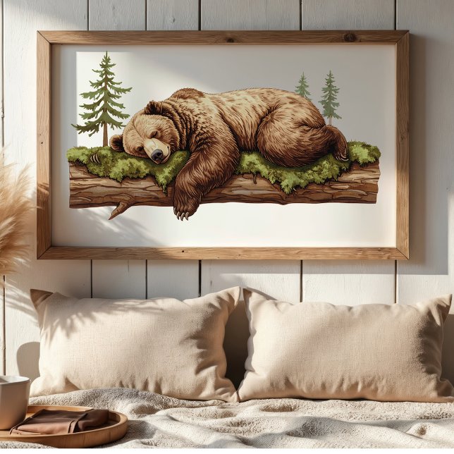 Ruhige Bärenbären Kinderzimmer Wall Art Poster (Sleeping Bear cozy hygge style bedroom wall poster art. Housewarming gift or baby shower gift.)