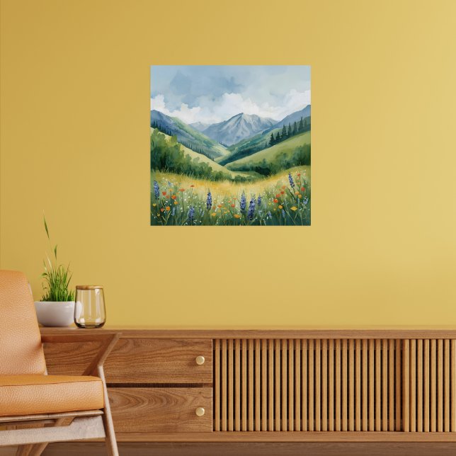 Ruhige Berglandschaft - Aquarellwald Poster (Wohnzimmer 2)