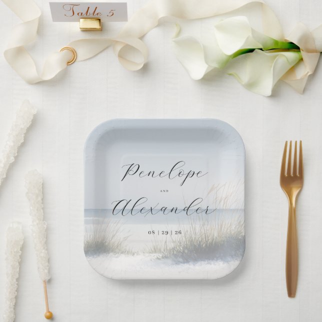 Ruhige blaue Strandszene Pappteller (Hochzeit)
