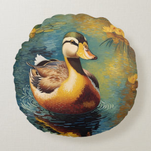 Ruhige Ente auf einem Teich künstlerische Malerei Rundes Kissen
