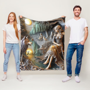 Ruhige Flussnacht mit einem Indianer und Wolf Fleecedecke