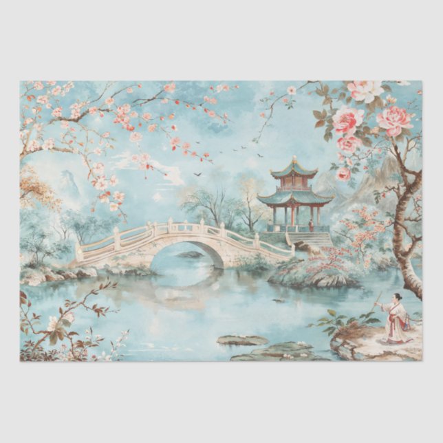 Ruhige Gartenbrücke Chinoiserie Watercolor Seidenpapier (Vorderseite)
