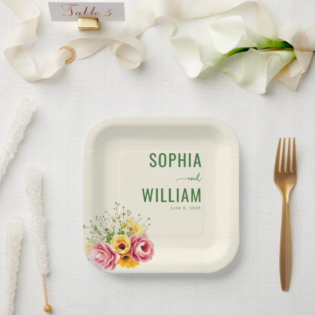 Ruhige gedämpfte grüne Flora Pappteller (Hochzeit)