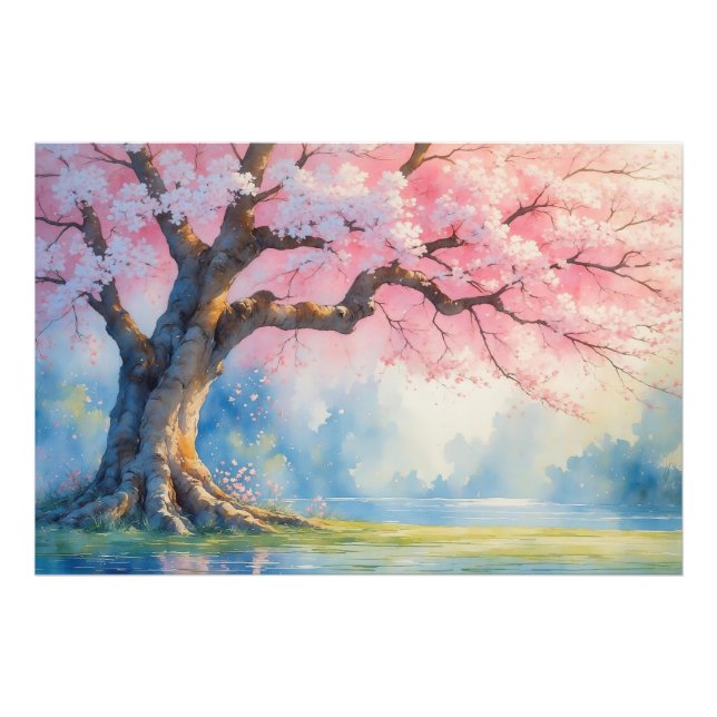 Ruhige japanische Cherry Blossom Watercolor Landsc Fotodruck