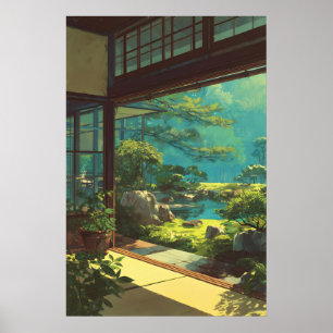 Ruhige japanische Gartenansicht Druck - Hellgrün Poster