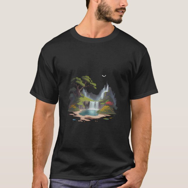 Ruhige Landschaft Wasserfall und Blume T-Shirt (Vorderseite)
