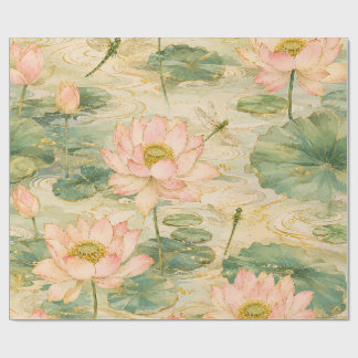 Ruhige Lotusblumen und Libellen Japanische Botanik Geschenkpapier