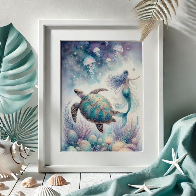 Ruhige Meeresschildkröte & Meerjungfrau Kunst, Dic Poster (beach pictures mermaid and sea turtle drawing by Do Tell A Belle. Shop)