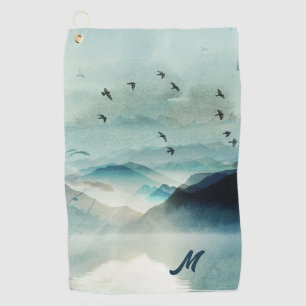 Ruhige monogrammierte Natur-Aquarell-Gebirgsszene Golfhandtuch