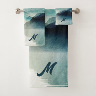 Ruhige monogrammierte Natur-Wasserfarben-Gebirgssz Badhandtuch Set