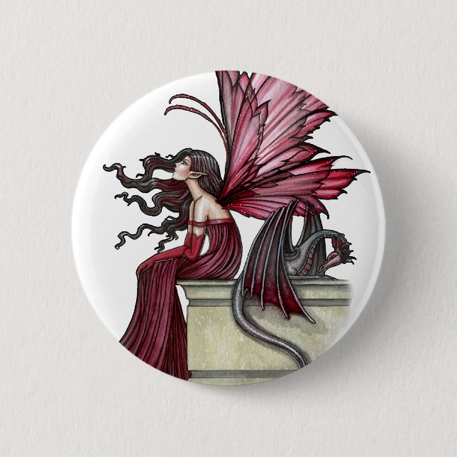 Ruhige Ruby Gothic Rote Fee und Drache Button (Vorderseite)