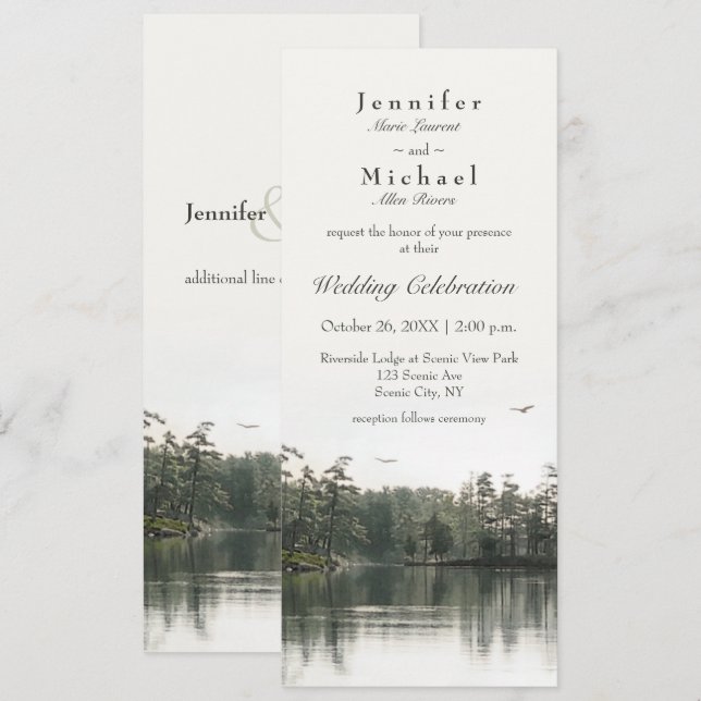 ruhige, rustikale Seeneufer reflektieren schlank Einladung (Vorne/Hinten)