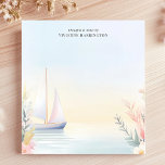 Ruhige Sailboat Wasserfarbe Personalisiert Notizblock<br><div class="desc">Dieses elegante personalisierte Notizblock besticht durch ein friedliches Segelboot, das über ruhiges Wasser gleitet und von zarten Aquarellblumen gerahmt ist. Die sanften Pastelltöne sorgen für eine ruhige und traumhafte Ästhetik, die sich perfekt für Wassersportler, Liebhaber der Küstendekoration oder für einen entspannenden Badeurlaub eignet. Passen Sie den Text an der Spitze...</div>