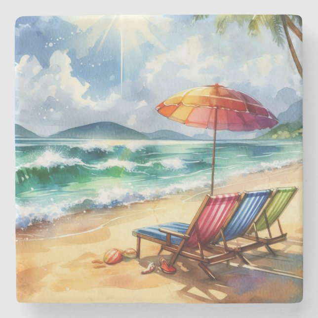 Ruhige schöne Strandszene Steinuntersetzer (Vorderseite)