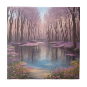 Ruhige Seenlandschaft mit Aquarellfarben-Wildblume Fliese