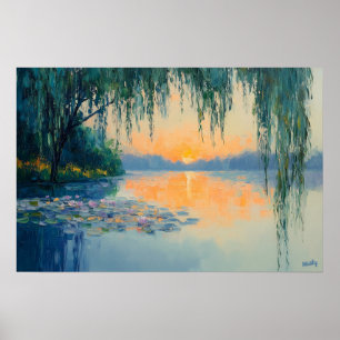 Ruhige Seenlandschaft Sonnenuntergang Impressionis Poster