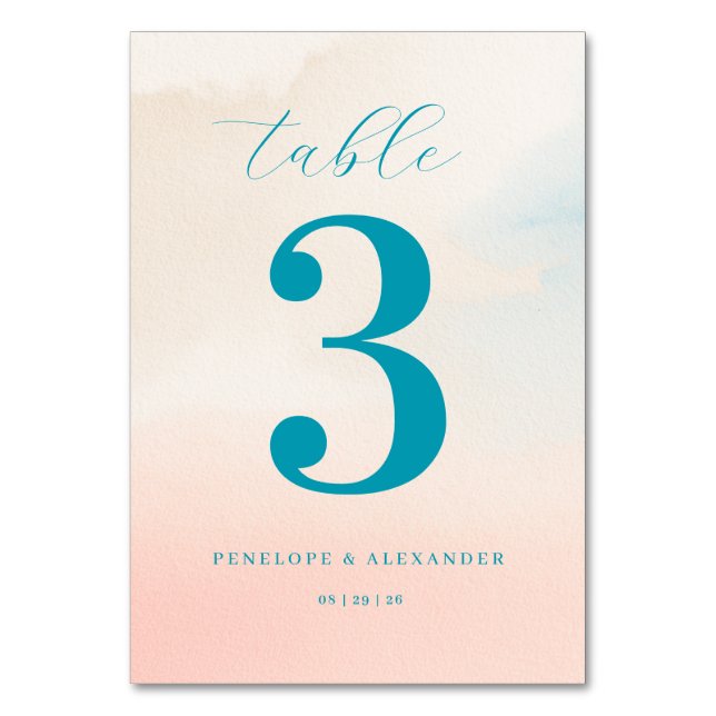 Ruhige Teal-Wasserfarbe Nummer Tischnummer (Vorderseite)
