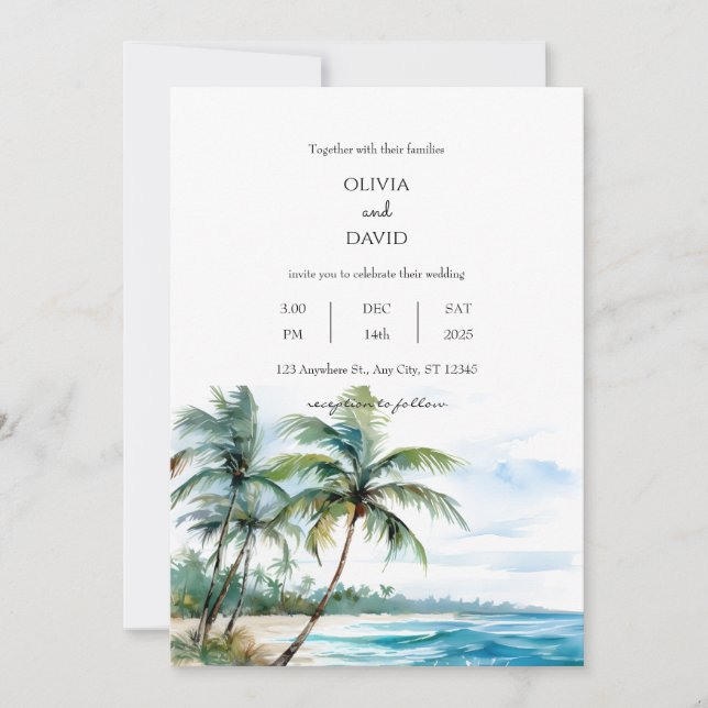 Ruhige Tropical Seascape Palm Beach Hochzeit Einladung (Vorderseite)