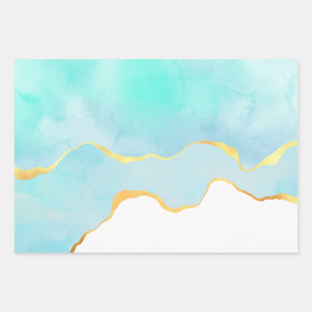 Ruhige tropische grüne Wasserfarben Goldgrenze Geschenkpapier Set (Vorderseite)