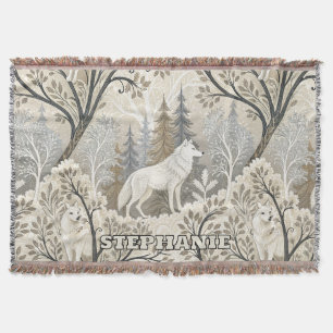 Ruhige Winterwaldlandschaft mit weißen Wölfen Decke