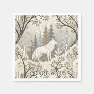 Ruhige Winterwaldlandschaft mit weißen Wölfen Serviette