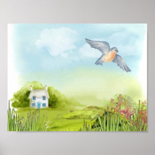 Ruhiger blauer Vogel und kleine Hauslandschaft Poster