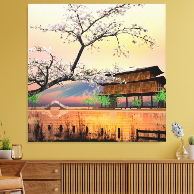 Ruhiger Blossom: Sonnenuntergang über einem japani Leinwanddruck (Insitu (Wohnzimmer))