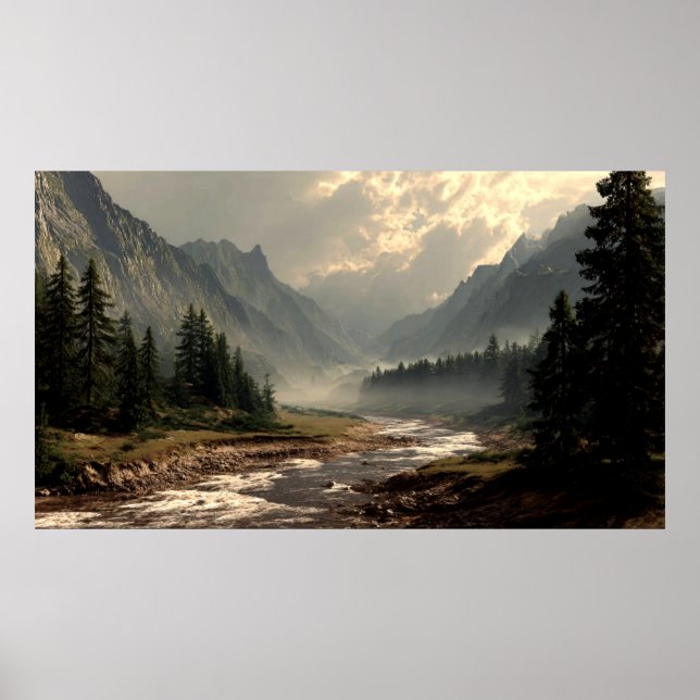 Ruhiger Fluss, der durch das Tal des Berghügels fl Poster (Vorne)
