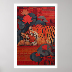 Ruhiger indischer Tigerdruck, Folk-Art-Stil (Wohnz Poster