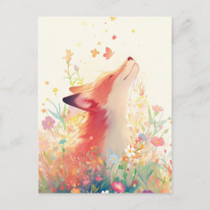 Ruhiger Rotfuchs auf einer farbenfrohen Wildblumen Postkarte
