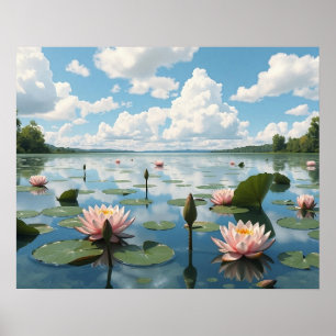 Ruhiger See mit Wasserlilie Blume und bewölkter Hi Poster