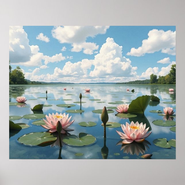 Ruhiger See mit Wasserlilie Blume und bewölkter Hi Poster (Vorne)