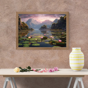 Ruhiger See mit Wasserlilien im Gebirge Fotodruck
